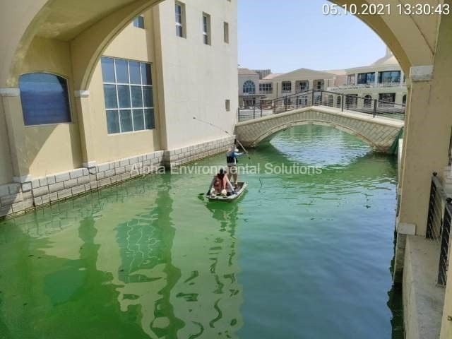 Alpha Environmental Solutions crew measuring sludge depth in a green UAE lake