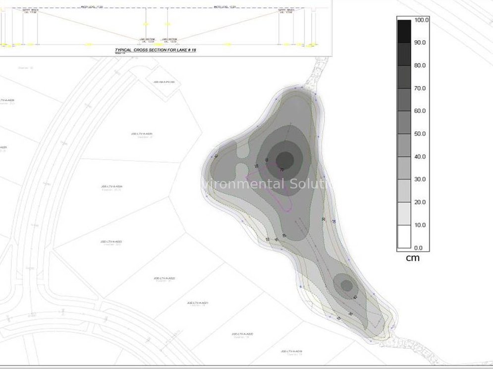 Sludge bathymetric survey map of a UAE community lake showing sludge depth contours in centimetres